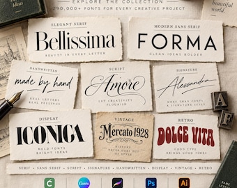 Pacchetto di oltre 20.000 font, font OTF e TTF, uso commerciale, font per Cricut e Canva, download digitale immediato.