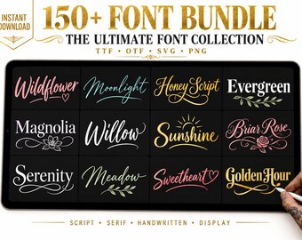 Pacchetto di oltre 150 font, tra cui font corsivi, calligrafici, scritti a mano e per titoli, file TTF e OTF, font per Cricut, download digitale immediato.