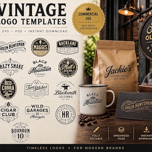 May include: A collection of 18 vintage logo templates featuring various brand names and designs. The image displays a white coffee mug, a brown paper bag, a dark rectangular card, and a round leather tag, all branded with these logos.