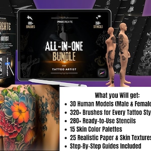 Op de afbeelding: Procreate Tattoo Artist All-in-One Bundle voor digitale kunstenaars. Bevat 3D-mensenmodellen, meer dan 320 penseel, meer dan 280 sjablonen, 15 huidkleurenpaletten, 25 realistische papier- en huidtexturen en stapsgewijze handleidingen.