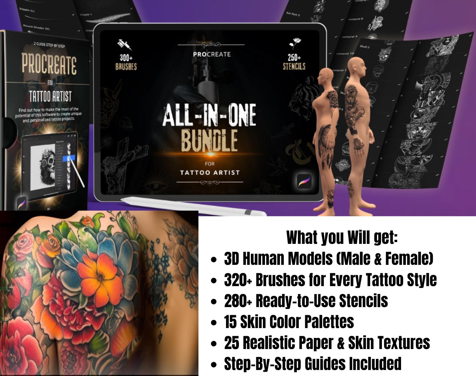 Paquete definitivo Procreate Tattoo Studio: 320+ pinceles, 280 plantillas, modelos 3D, paletas y texturas