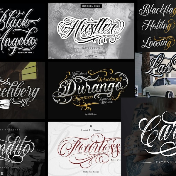 Vintage-Inspired Tattoo Fonts Bundle: Black Angela, Bandito, Durango, Fearless, The Hustler, Munchberg - Perfect for Logos, T-Shirts.