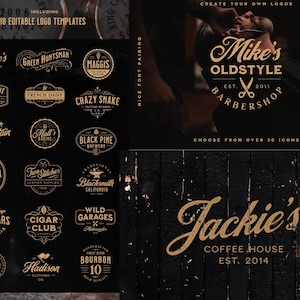 Peut inclure: Une collection de 18 modèles de logos modifiables présentant divers designs, notamment un salon de coiffure, un café et un club de cigares. Les logos sont de style vintage avec des lettres dorées et des illustrations sur un fond sombre.
