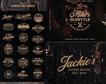 Collezione di font vintage: 5 font con texture scritti a mano + 18 modelli di logo per branding, packaging, badge e titoli.