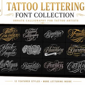 Può includere: Un tablet digitale che mostra una collezione di dodici caratteri decorati per tatuaggi in bianco e oro su sfondo nero. Il testo recita Tattoo Lettering Font Collection, Ornate Calligraphy for Tattoo Artists e 12 Featured Styles.
