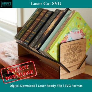 Tischplatte Bücherregal SVG Laser geschnittene Datei, freistehendes Bücherregal, Home Office Dekor, kleines Bücherregal, Buchdisplay, geneigtes Bücherregal