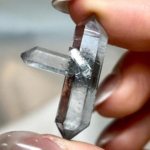 Double Terminated Quartz with Black Hydrocarbon in the centre with a lovely rider,  DT Quartz Crystal Cluster