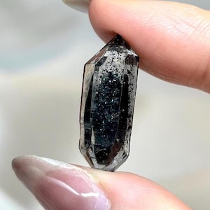 RARE Super High quality Clear Double Terminated Quartz with Black Hydrocarbon in an oval shape ,  DT Quartz Crystal Cluster,herkimer diamond