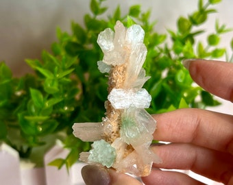 RARE green apophyllite flower and peach stilbite on orange heulandite stalactite, UV reactive,collectable apophyllite cluster, pink stilbite