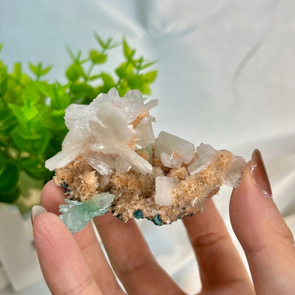 RARE green apophyllite flower and peach stilbite on orange heulandite stalactite, UV reactive,collectable apophyllite cluster, pink stilbite