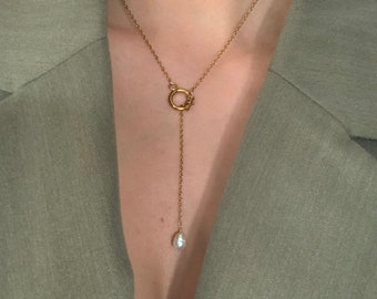 Necklace “Linda” - Long wrap necklace with freshwater pearl - Stainless steel with 18k gold plating