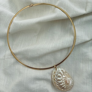 May include: A gold-toned metal choker necklace featuring a circular band and a single, large, iridescent abalone shell pendant. The pendant has a natural, textured surface with swirling pearlescent tones of cream, pink, and soft green.