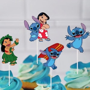 Blue Hawaiian Alien Cupcake Toppers/Party Favors/Birthdays/Cake Topper/Kid&#39;s Birthday/Cupcake Toppers/Ohana Theme Birthday/Stitch Theme
