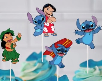 Blue Hawaiian Alien Cupcake Toppers/Party Favors/Birthdays/Cake Topper/Kid&#39;s Birthday/Cupcake Toppers/Ohana Theme Birthday/Stitch Theme
