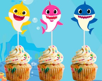 Baby Shark Cupcake Toppers/Party Stickers/Birthdays/Cake Topper/Kid&#39;s Birthday/Cupcake Toppers
