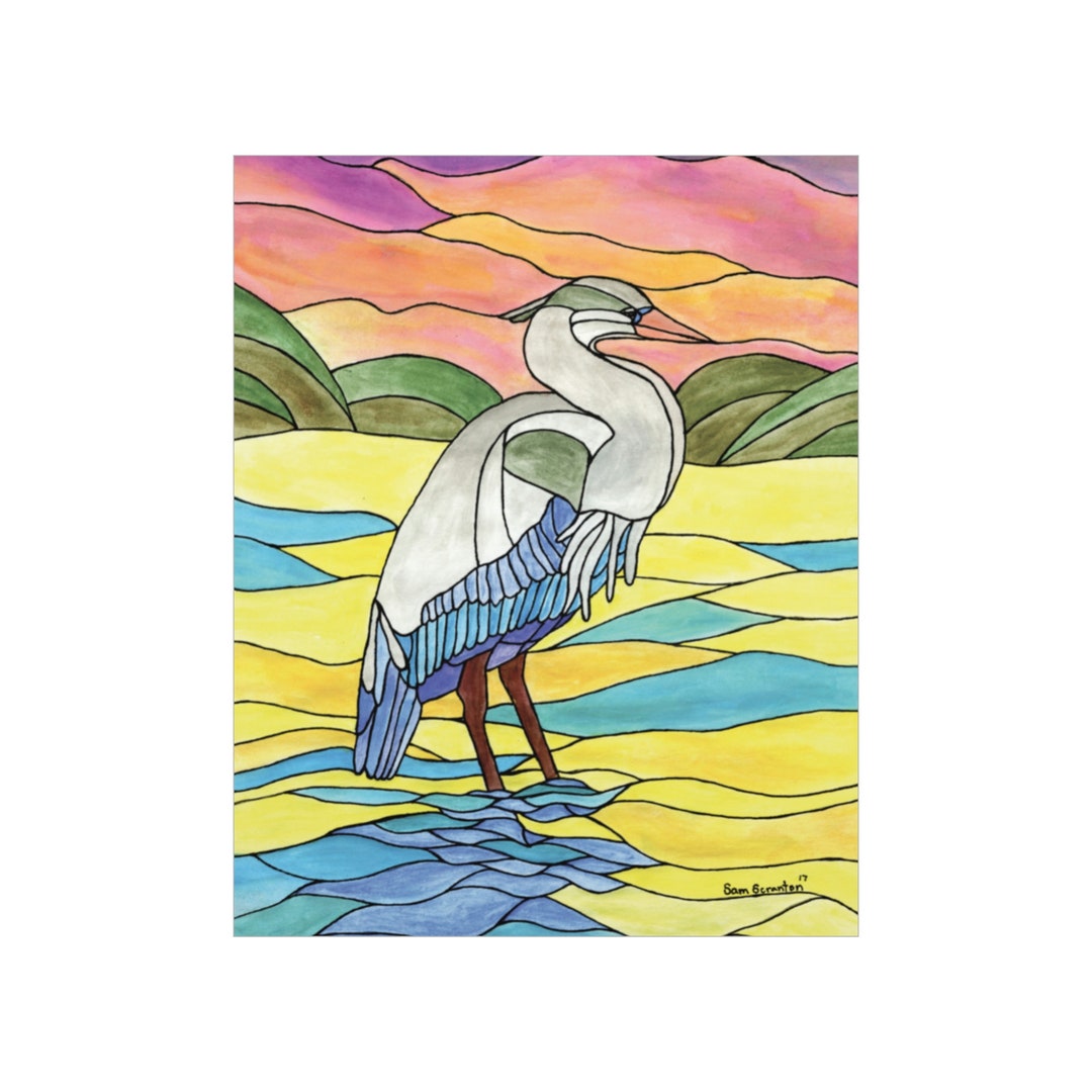 Blue Heron Stained Glass Style Watercolor Print - Etsy