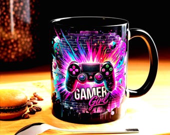 Taza de café con diseño de chica gamer con controlador (325 ml y 430 ml)