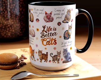 Taza "La vida es mejor con gatos" / Taza de café con estampado de gatos
