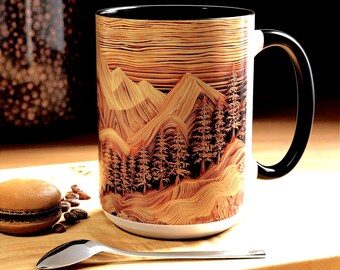 Taza con paisaje de montaña con vetas de madera / Taza de café con acento de 11 oz y 15 oz