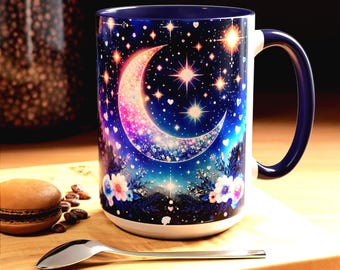 Taza de café con acento de cielo nocturno y luna celestial, galaxia estrellada y flores