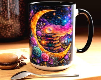 Taza de café con acento de libros y rosas de la Luna Celestial (325 ml/440 ml)