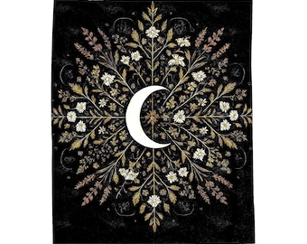 Manta de terciopelo con diseño de mandala floral y luna creciente / Manta bohemia de cielo nocturno