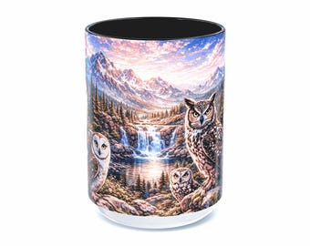 Taza de café con escena de bosque de búhos, arte de vida silvestre, cascada de montaña