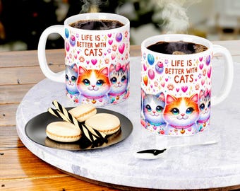 Taza de cerámica con gatitos: La vida es mejor con los gatos