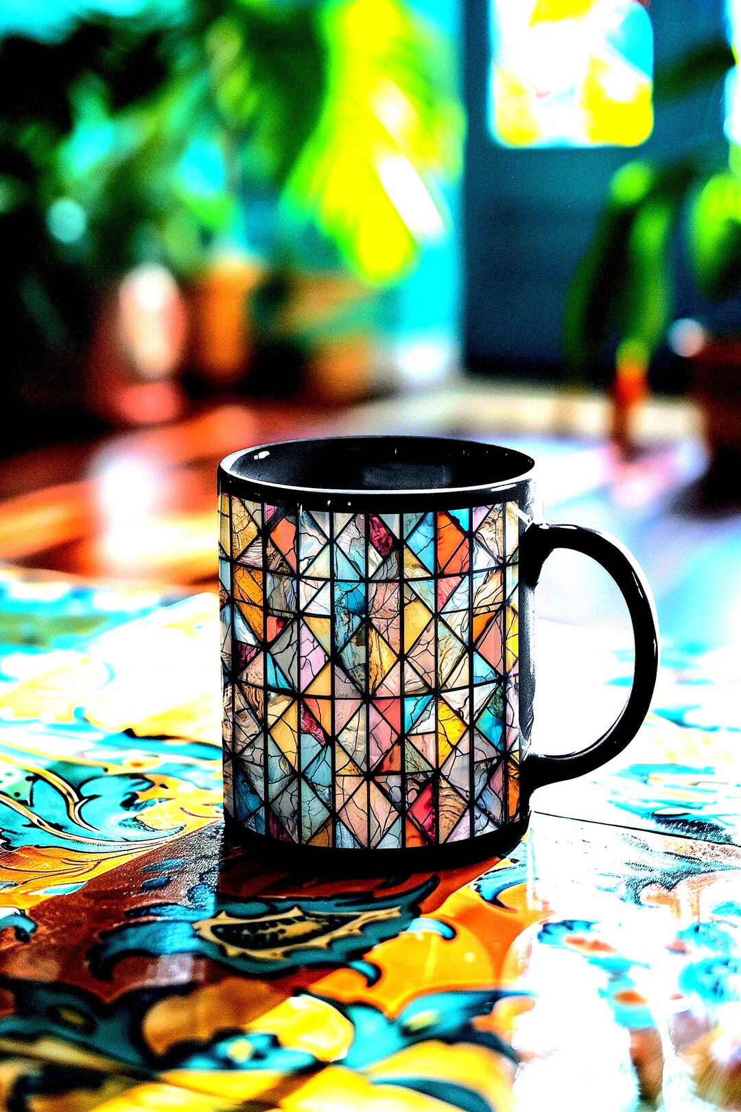 Mug Geometric Pattern Geometric Stained Glass Pattern Mug | Black Ceramic Coffee Cup - Etsy