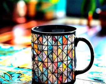 Taza con patrón geométrico de vitrales / Taza de café de cerámica negra