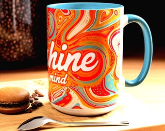 Taza Sunshine on My Mind / Taza de café con acento, diseño de remolino psicodélico colorido