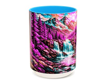 Taza de café con diseño de cascada de montaña de fantasía morada y paisaje natural escénico