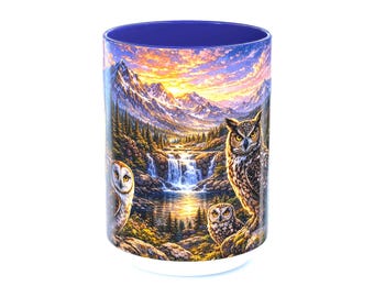 Taza de café con acento de atardecer en el bosque de búhos de 11 oz o 15 oz