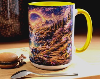 Taza de café con paisaje de fantasía y cielo nocturno de ensueño