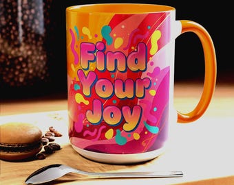 Taza de café con acento "Encuentra tu alegría", cerámica colorida con cita motivacional