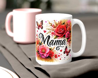 Taza de café con diseño de rosas y mariposas en forma de corazón para mamá