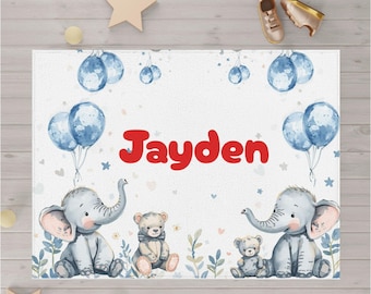Manta con nombre de elefante azul para guardería, manta para niño personalizada