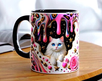 Taza con diseño de gato persa blanco con rosas y gotas de color rosa