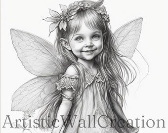 Grayscale Fairy Coloring Page | Adult Coloring Sheet | Enchanted Fairy | Delicate Fairy Girl | Dark/Light/Extra light Greyscale | PDF/PNG