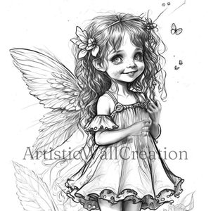 Grayscale Fairy Coloring Page | Adult Coloring Sheet | Enchanted Fairy Girl | Delicate Fairy Girl | Light/Dark Greyscale | PDF/PNG Download