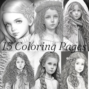 May include: Black and white illustrations of young girls with long, flowing hair, adorned with floral and winter-themed accessories. The text "15 Coloring Pages" is displayed across the image. The drawings are detailed and suitable for coloring.