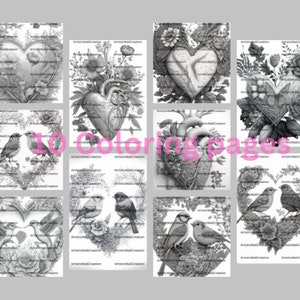 Może przedstawiać: Dziesięć czarno-białych stron do kolorowania przedstawiających serca, ptaki i kwiaty. Obrazy są szczegółowe i misterne, idealne dla dorosłych lub starszych dzieci, które lubią kolorować.
