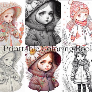 May include: A printable coloring book featuring six illustrations of girls wearing winter clothing. The girls are wearing hats, coats, and scarves. The illustrations are in black and white, with some details in gray. The title of the book is "Printable Coloring Book".