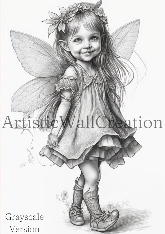 Grayscale little fairy girl coloring page, printable coloring book page,  Grayscale coloring pages for kids and adults (AI generated image)