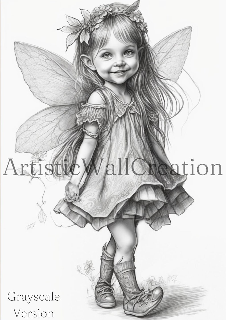 Grayscale Fairy Coloring Page Adult Coloring Sheet Enchanted Fairy Delicate Fairy Girl Dark