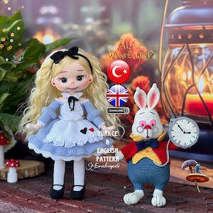 Modello inglese Alice e coniglio bianco, modello Alice all'uncinetto, modello coniglio bianco all'uncinetto