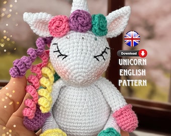 Pastel de unicornio patrón inglés, unicornio de crochet