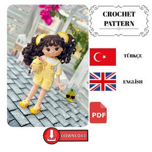 May include: A handmade crochet doll with brown curly hair, lemon slice hair accessories, and a yellow outfit. The doll is holding a small lemon-shaped purse. The image includes the text "CROCHET PATTERN", a Turkish flag, a British flag, and a PDF icon.