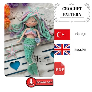 mermaid blue crochet pattern , english and turkce pattern , amigurumi mermarid doll