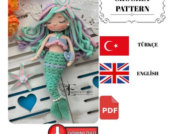 mermaid blue crochet pattern , english and turkce pattern , amigurumi mermarid doll